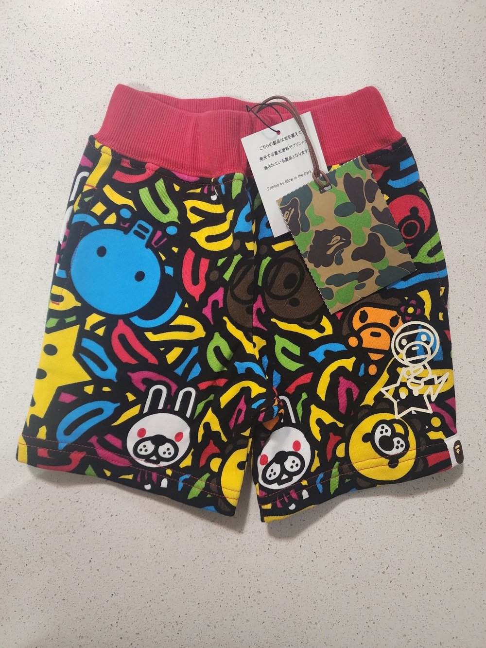 BAPE Kids Multicolor Character Print Shorts with Pink Waistband